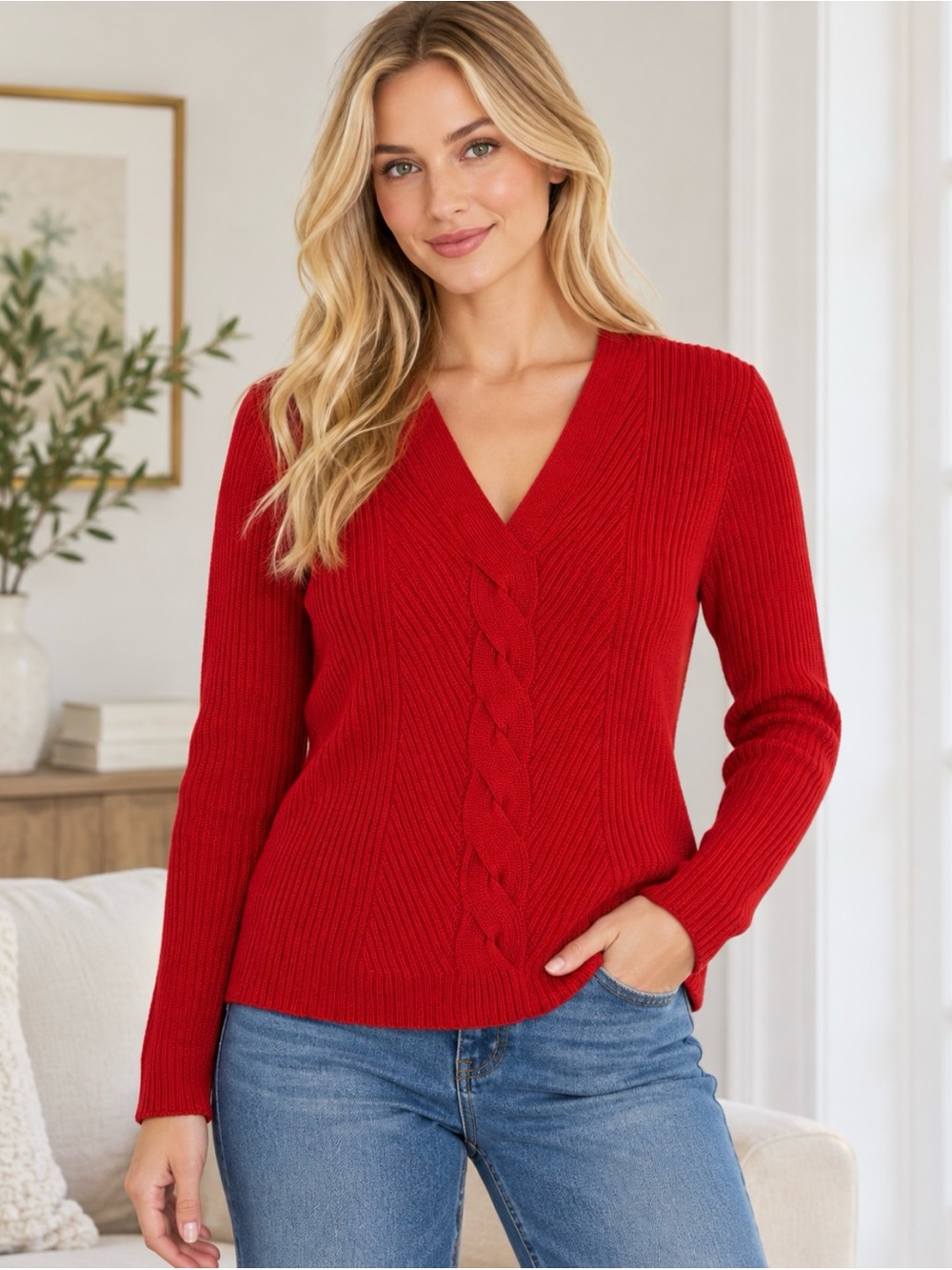 Lauren Ralph Lauren Red Cable Knit V Neck Sweater XL Cotton Viscose